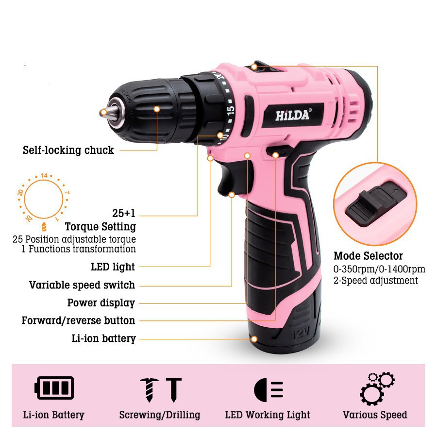 مثقاب يدوي وردي اللون 10 مم، م - مراجعة Power Tools Pink وسعره